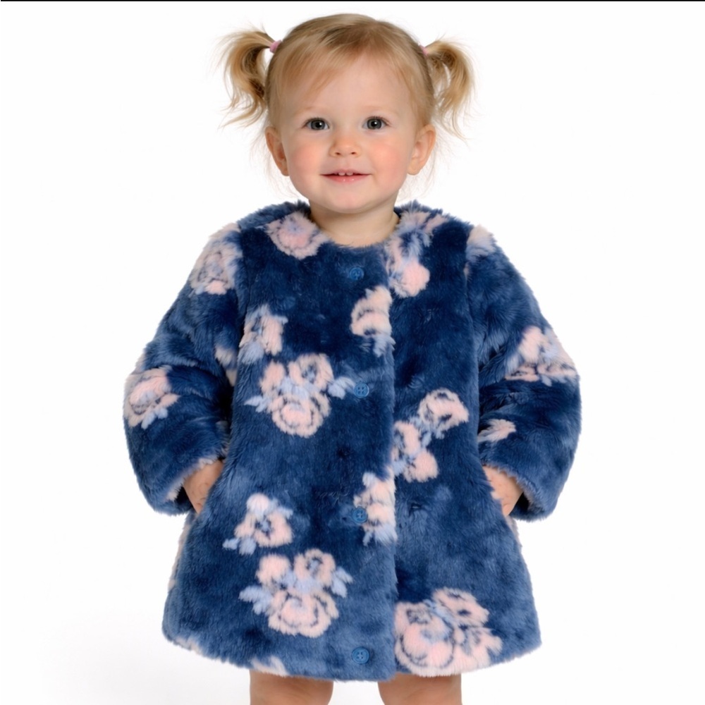 Janie and Jack Faux Fur Floral Coat Jacket Size 18-24 mos Toddler Blue Pink